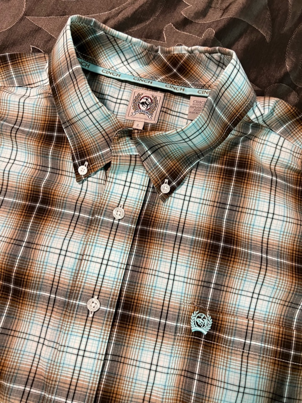 Cinch Men's Brown & Turquoise Aqua Blue Plaid Button-Down Long Sleeve Shirt L